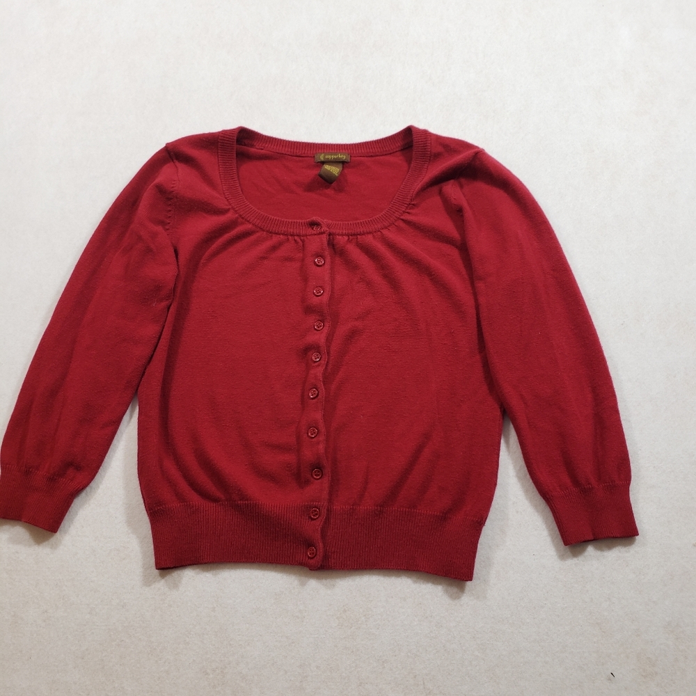 Copper key cardigan womens red button up 3/4 sleeves scoop neck sweater